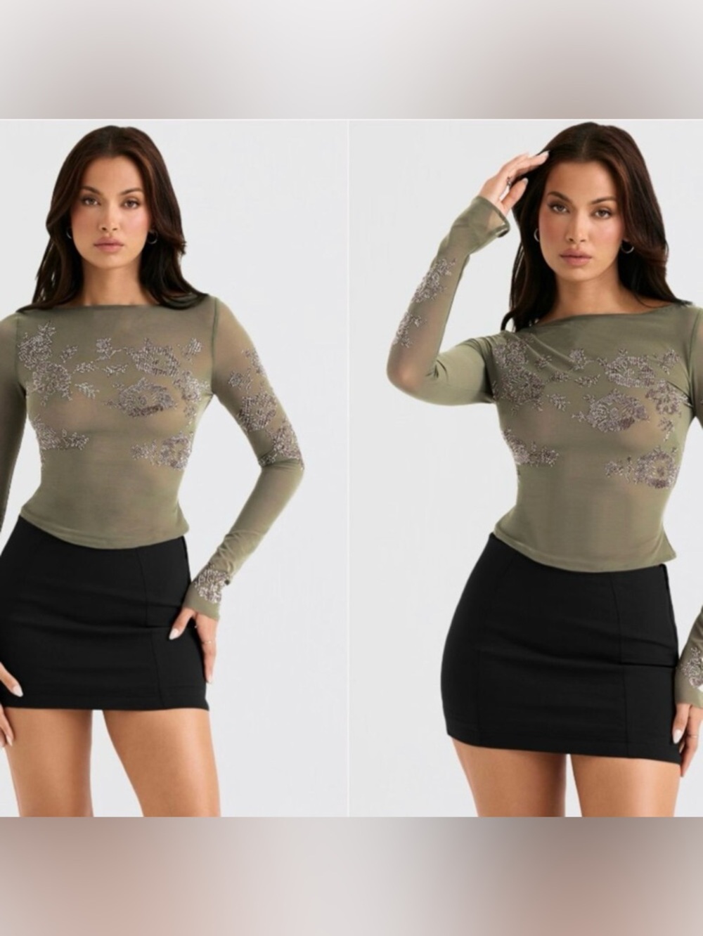 House of CB Angelique olive green sheer crystallized top Long-Sleeve - Picture 4 of 10